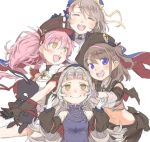  4girls :d azur_lane beret brown_hair closed_eyes codeblueocean commentary_request gloves hair_ornament hairclip hand_on_another&#039;s_face hat iron_cross long_hair looking_at_viewer looking_up midriff military military_uniform mole mole_under_eye multiple_girls open_mouth pink_hair simple_background smile stuffed_animal stuffed_bunny stuffed_toy twintails uniform violet_eyes white_background z23_(azur_lane) z25_(azur_lane) z35_(azur_lane) z46_(azur_lane) 
