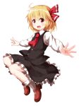  1girl :d ahoge ascot black_skirt black_vest blonde_hair eyebrows_visible_through_hair frilled_skirt frills full_body hair_between_eyes hair_ribbon highres long_sleeves open_mouth outstretched_arms red_eyes red_footwear red_ribbon ribbon rumia ruu_(tksymkw) shirt shoes short_hair simple_background skirt skirt_set smile solo spread_arms touhou vest white_background white_shirt 