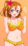  1girl bikini blue_eyes breasts cleavage clenched_hand cowboy_shot flower frilled_bikini frills hair_flower hair_ornament hibiscus kousaka_honoka looking_at_viewer love_live! love_live!_school_idol_project medium_breasts navel one_side_up orange_background orange_bikini orange_hair short_hair simple_background solo swimsuit wewe 