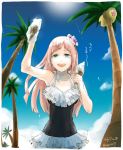  1girl alolan_exeggutor alolan_form blue_eyes blue_sky clouds dated day felicia_(fire_emblem_if) fire_emblem fire_emblem_heroes fire_emblem_if flower gen_1_pokemon hair_flower hair_ornament holding ice_cream_cone long_hair one-piece_swimsuit open_mouth palm_tree pink_hair pokemon pokemon_(creature) pokemon_(game) pokemon_sm robaco sky swimsuit tree twitter_username 