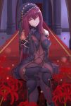  1girl awu bodysuit breasts carpet covered_navel fate/grand_order fate_(series) flower hair_intakes highres large_breasts legs_crossed long_hair looking_at_viewer open_mouth pauldrons purple_bodysuit purple_hair red_eyes scathach_(fate/grand_order) shoulder_armor sitting spider_lily stairs veil very_long_hair 
