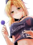  1girl black_shirt blonde_hair blush breasts candy clothes_writing collar commentary_request food forehead from_below hecatia_lapislazuli highres holding_candy large_breasts lollipop navel oshiaki polos_crown print_shirt shirt t-shirt touhou yellow_eyes 