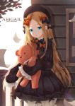  1girl abigail_williams_(fate/grand_order) artist_name bangs black_bow black_dress black_hat blonde_hair bloomers blue_eyes bow bug butterfly character_name commentary_request day dress eyebrows_visible_through_hair fate/grand_order fate_(series) fence forehead hair_bow hat head_tilt highres insect long_hair long_sleeves looking_at_viewer object_hug orange_bow outdoors parted_bangs parted_lips polka_dot polka_dot_bow shirokun0824 sleeves_past_fingers sleeves_past_wrists solo stuffed_animal stuffed_toy teddy_bear underwear very_long_hair white_bloomers 
