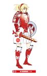  1girl 2018_fifa_world_cup armored_boots blonde_hair boots daibajoujisan danish_flag denmark fate_(series) full_body hairband holding holding_sword holding_weapon mordred_(fate)_(all) pauldrons ponytail red_footwear shield simple_background skirt soccer solo sword thick_eyebrows weapon white_background white_skirt 
