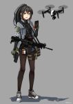  1girl absurdres armband assault_rifle bag black_hair blue_eyes cellphone drone full_body gloves gun handgun highres holding holding_gun holding_weapon holster id_card looking_at_viewer m4_carbine ndtwofives original pantyhose phone pistol ponytail rifle shoes short_shorts shorts simple_background smartphone sneakers solo thigh_holster trigger_discipline weapon 