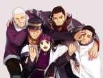  1girl 4boys ainu ainu_clothes arm_around_shoulder ash_tame asirpa bandanna bangs beard black_eyes black_hair blue_eyes blunt_bangs buzz_cut clenched_hand cloak coat earrings facial_hair facial_scar fingerless_gloves gloves golden_kamuy grey_background grin hair_slicked_back hand_on_another&#039;s_face hat hoop_earrings jewelry kiroranke lifting_person long_sleeves military military_hat military_uniform multiple_boys ogata_hyakunosuke open_mouth pants pushing_away pushing_face red_eyes scar scarf shiraishi_yoshitake short_hair sideburns simple_background smile spiky_hair stubble sugimoto_saichi uniform white_hair 