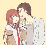  1boy 1girl arm_around_back black_hair blush breasts collarbone collared_shirt facial_hair finger_to_another&#039;s_mouth jacket labcoat long_hair long_sleeves makise_kurisu messy_hair necktie off_shoulder okabe_rintarou open_mouth orange_background profile redhead shirt short_hair simple_background small_breasts steins;gate stubble sweatdrop upper_body violet_eyes yellow_eyes yugure 