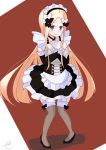  1girl abigail_williams_(fate/grand_order) alternate_costume apron bangs black_bow black_dress black_footwear blonde_hair blue_eyes blush bow brown_background brown_legwear closed_mouth commentary_request detached_sleeves dress enmaided eyebrows_visible_through_hair fate/grand_order fate_(series) forehead frilled_apron frills hair_bow high_heels highres kujou_karasuma long_hair long_sleeves looking_at_viewer maid maid_headdress multicolored_hair object_hug parted_bangs pigeon-toed shoes sidelocks signature sleeveless sleeveless_dress solo standing thigh-highs two-tone_hair very_long_hair waist_apron wavy_mouth white_apron white_background white_bow 