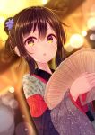  1girl :o bangs blue_flower blurry blurry_background blush brown_eyes brown_hair commentary_request depth_of_field dutch_angle eyebrows_visible_through_hair flower hair_between_eyes hair_flower hair_ornament holding japanese_clothes kimono long_sleeves looking_at_viewer minarai_shachou multicolored multicolored_clothes multicolored_kimono original parted_lips sidelocks solo wide_sleeves 
