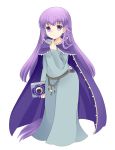  1girl absurdly_long_hair belly_chain blue_dress book cape cloak dress eyebrows_visible_through_hair fire_emblem fire_emblem:_fuuin_no_tsurugi fire_emblem_heroes holding holding_book jewelry kotone5082 long_hair looking_at_viewer purple_hair simple_background sofiya solo very_long_hair violet_eyes white_background 