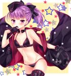  1girl bangs bare_shoulders bikini biting black_bikini black_bow black_gloves black_hat black_jacket black_legwear blush bow breasts closed_mouth collarbone commentary_request eyebrows_visible_through_hair fate/grand_order fate_(series) garrison_cap glove_biting gloves groin hair_bow hat headphones headphones_removed helena_blavatsky_(swimsuit_archer)_(fate) holding_headphones jacket long_hair nogi_takayoshi open_clothes open_jacket ponytail purple_hair sleeveless_jacket small_breasts smile solo star swimsuit thigh-highs violet_eyes 