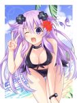  1girl ;d adult_neptune bare_shoulders beach bikini black_bikini black_choker blue_sky blush breasts choker clouds cloudy_sky collarbone commentary commentary_request cowboy_shot croire d-pad d-pad_hair_ornament day erect_nipples fairy_wings flower hair_between_eyes hair_flower hair_ornament highres kazuneko_(wktk1024) long_hair looking_at_viewer medium_breasts neptune_(series) ocean one_eye_closed open_mouth outdoors palm_tree purple_hair shin_jigen_game_neptune_vii sky smile swimsuit thigh_gap tree v very_long_hair violet_eyes wings 