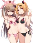  2girls absurdres akatsuki_yuni akky_(akimi1127) bandage bikini black_bikini blonde_hair breasts brown_hair collarbone eyebrows_visible_through_hair hair_ornament hairclip hat heart highres long_hair looking_at_viewer medium_breasts multiple_girls natori_sana navel nurse_cap pink_bikini red_eyes sana_channel side-tie_bikini simple_background small_breasts smile standing swimsuit two_side_up uni_channel v virtual_youtuber white_background 