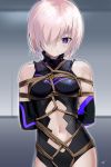  1girl arms_behind_back bdsm bondage bound bound_arms breasts cowboy_shot elbow_gloves fate/grand_order fate_(series) gloves hair_over_one_eye highres lavender_hair leotard mash_kyrielight purple_gloves restrained rope sharpffffff shibari shibari_over_clothes short_hair solo tied_up violet_eyes 