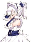  1girl azur_lane bare_shoulders belchan_(azur_lane) belfast_(azur_lane) closed_eyes commentary eyebrows_visible_through_hair gloves hair_ribbon kanjitomiko maid_headdress ponytail profile ribbon short_hair silver_hair simple_background sleeveless solo white_background white_gloves 