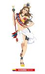  1girl 2018_fifa_world_cup :d bare_shoulders bikini breasts brown_eyes brown_hair cleavage colombia colombian_flag contrapposto crown daibajoujisan earrings full_body hand_on_hip jewelry long_hair looking_at_viewer medium_breasts midriff navel number open_mouth sandals sarong sash simple_background smile soccer solo staff swimsuit white_background yellow_bikini 