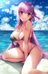  &gt;:) 1girl arm_support bangs bare_shoulders bb_(fate/extra_ccc) beeyan between_legs bikini black_bikini blue_sky blunt_bangs blush breasts closed_mouth clouds cloudy_sky collarbone day eyebrows_visible_through_hair fate/extra fate/extra_ccc fate/grand_order fate_(series) groin hair_ribbon hand_between_legs hand_on_own_chest highres large_breasts left-handed long_hair looking_at_viewer matou_sakura midriff ocean outdoors purple_hair ribbon sitting skindentation sky smile smug solo sparkle swimsuit thighs under_boob very_long_hair violet_eyes yokozuwari 