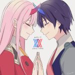  1boy 1girl bangs black_hair blue_horns blush closed_eyes commentary_request couple darling_in_the_franxx face-to-face facing_another forehead-to-forehead hair_ornament hairband hetero hiro_(darling_in_the_franxx) horns long_hair looking_at_another military military_uniform necktie oni_horns orange_neckwear pink_hair red_horns red_neckwear short_hair signature suyamii uniform white_hairband zero_two_(darling_in_the_franxx) 