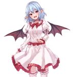  1girl :d arm_ribbon bat_wings blue_hair blush bow bowtie breasts center_frills choker commentary dress eyebrows_visible_through_hair feet_out_of_frame frilled_choker frilled_dress frilled_shirt_collar frills hair_between_eyes head_tilt highres juliet_sleeves junior27016 leg_garter long_sleeves looking_at_viewer medium_breasts no_hat no_headwear open_mouth pointy_ears puffy_sleeves red_bow red_eyes red_neckwear red_ribbon remilia_scarlet ribbon simple_background sketch smile solo standing thigh-highs touhou white_background white_dress white_legwear wings zettai_ryouiki 
