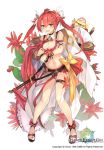  1girl :o ahoge bare_legs bow breasts cleavage copyright_name dreamlight2000 flower flower_knight_girl full_body hair_flower hair_ornament hoshikujaku_(flower_knight_girl) jacket_on_shoulders large_breasts long_hair looking_at_viewer navel object_namesake official_art open_mouth redhead sandals shoe_bow shoes simple_background solo standing sword thighlet twintails weapon white_background yellow_bow yellow_eyes 