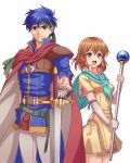  1boy 1girl blue_eyes blue_hair brother_and_sister brown_hair cloak elbow_gloves fingerless_gloves fire_emblem fire_emblem:_souen_no_kiseki gauntlets gloves green_eyes headband holding holding_staff holding_sword holding_weapon ike looking_at_viewer mist_(fire_emblem) siblings simple_background smile staff sword torn_clothes torn_sleeves weapon white_background 