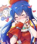  1boy 1girl asymmetrical_sleeves bare_shoulders blue_eyes blue_hair blush closed_eyes commentary dress english_commentary fire_emblem fire_emblem:_fuuin_no_tsurugi fire_emblem_heroes hat heat highres imagining ippers jewelry lilina long_hair necklace red_dress redhead smile 