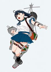  1girl ahoge black_hair black_legwear blue_sailor_collar blue_skirt cannon full_body grey_background hairband kantai_collection kneehighs long_hair machinery mast ojipon open_mouth pleated_skirt sailor_collar school_uniform serafuku simple_background skirt smokestack solo sticker turret ushio_(kantai_collection) white_hairband 