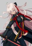  1girl ahoge black_bow black_cape black_legwear bow breasts cape cleavage cleavage_cutout dark_skin dress fate/grand_order fate_(series) floating_hair grey_background grey_eyes hair_bow highres holding holding_sword holding_weapon long_hair looking_at_viewer medium_breasts okita_souji_(alter)_(fate) okita_souji_(fate)_(all) shinori_(efvbji6264) short_dress silver_hair simple_background solo standing sword thigh-highs very_long_hair weapon zettai_ryouiki 