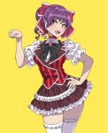  1girl alternate_costume alternate_hairstyle blush commentary_request cowboy_shot frilled_skirt frills gegege_no_kitarou hair_ribbon highres nekomusume nekomusume_(gegege_no_kitarou_6) open_mouth paw_pose puffy_short_sleeves puffy_sleeves purple_hair ribbon short_sleeves skirt slit_pupils solo thigh-highs vest yamashita_shun&#039;ya yellow_background yellow_eyes 