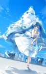  1girl blue_eyes blue_hair blue_sky clouds day dress floating_hair full_body hair_between_eyes hatsune_miku highres holding_letter k.syo.e+ long_hair outdoors rooftop see-through_silhouette sky sleeveless sleeveless_dress solo standing sundress twintails very_long_hair vocaloid white_dress wind 