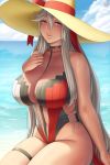  1girl bare_shoulders beach breasts cleavage clouds collar collarbone eyebrows_visible_through_hair granblue_fantasy grey_hair hat hat_ribbon highres hips huge_breasts long_hair looking_at_viewer lvl_(sentrythe2310) magisa_(granblue_fantasy) navel raised_eyebrows red_ribbon ribbon shadow signature sitting skindentation smile solo sweat swimsuit thick_thighs thighs very_long_hair violet_eyes water 