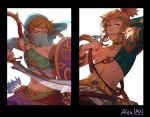 1boy alternate_costume blonde_hair blue_eyes crossdressinging earrings fighting_stance gerudo_link gloves highres holding holding_weapon igote jewelry link male_focus nipples pointy_ears the_legend_of_zelda the_legend_of_zelda:_breath_of_the_wild veil weapon 