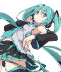  1girl aqua_eyes aqua_hair aqua_neckwear closed_mouth detached_sleeves eyebrows_visible_through_hair hatsune_miku headphones headset ixy long_hair looking_at_viewer necktie simple_background solo twintails very_long_hair vocaloid white_background 