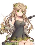  1girl agrt ankle_cuffs assault_rifle bangs black_footwear blush bow breasts brown_hair bullpup camouflage choker closed_mouth collarbone commentary_request dog_tags double_bun dress eyebrows_visible_through_hair fur-trimmed_jacket fur_trim girls_frontline green_eyes gun hair_between_eyes hair_bow highres horizontal-striped_legwear horizontal_stripes jacket kel-tec_rfb long_hair mary_janes medium_breasts off_shoulder rfb_(girls_frontline) rifle shoes sitting socks solo striped striped_legwear stuffed_animal stuffed_toy teddy_bear wariza weapon zipper 