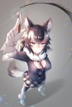 &gt;:) 1girl animal_ears arm_at_side arm_up bangs between_breasts black_hair blazer blue_eyes breasts closed_mouth commentary fang fang_out foreshortening from_above full_body fur-trimmed_footwear fur_collar gloves grey_wolf_(kemono_friends) hair_between_eyes heterochromia holding holding_pen impossible_clothes impossible_jacket ink jacket kemono_friends lens_flare long_hair long_sleeves looking_at_viewer looking_up medium_breasts multicolored_hair necktie necktie_between_breasts pen plaid plaid_neckwear plaid_skirt shiny shiny_hair sidelocks skirt smile solo st.takuma standing tail thigh-highs tsurime two-tone_hair v-shaped_eyebrows white_gloves white_hair wolf_ears wolf_girl wolf_tail yellow_eyes zettai_ryouiki 