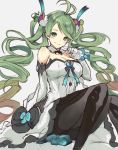  1girl antenna_hair bare_shoulders black_legwear blonde_hair blush bow breasts brooch cleavage cradle_(2849) de_la_fille detached_collar dress elbow_gloves finger_to_mouth frilled_skirt frills gloves gradient_hair granblue_fantasy green_bow green_eyes green_hair grey_background hair_ornament highres jewelry large_breasts long_hair looking_at_viewer multicolored_hair necklace pantyhose redhead simple_background sitting skirt smile solo strapless strapless_dress tied_hair twintails very_long_hair white_gloves 