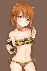  1girl alternate_costume animal_print bikini blush breasts brown_background brown_eyes brown_hair choker cleavage closed_mouth collarbone cowboy_shot detached_sleeves ehoumaki embarrassed food frown fur-trimmed_bikini head_tilt highres holding holding_food horns koretsuna long_hair looking_at_viewer makizushi medium_breasts navel oni oni_horns sajima_yumi school_girl_strikers short_hair short_twintails side-tie_bikini simple_background skindentation standing strapless strapless_bikini sushi swimsuit tiger_print twintails wavy_mouth yellow_bikini yellow_choker 