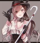  1girl breasts brown_eyes brown_hair cane cleavage ecru fedora gloves grey_background hat heterochromia holding holding_cane holding_hat jacket multicolored_hair neo_(rwby) pink_eyes pink_hair rwby scarf solo 
