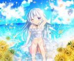 1girl ;o arm_support arm_up bangs bare_shoulders black_ribbon blue_sky blush clouds cloudy_sky collarbone commentary_request day dress eyebrows_visible_through_hair feet_out_of_frame flower hair_between_eyes horizon kohaku_muro looking_at_viewer neck_ribbon ocean one_eye_closed original outdoors panties parted_lips petals pigeon-toed ribbon silver_hair sitting sky sleeveless sleeveless_dress solo summer two_side_up underwear violet_eyes water water_drop white_dress white_panties yellow_flower 