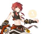  1boy bare_shoulders belt elsword elsword_(character) fingerless_gloves gloves jewelry malmaron navel necklace red_eyes redhead rune_slayer_(elsword) runes sword tattoo weapon white_background 