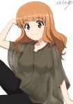  1girl bangs black_pants blunt_bangs brown_eyes brown_hair brown_shirt bukkuri collarbone dated eyebrows_visible_through_hair floating_hair girls_und_panzer long_hair pants shirt signature simple_background sketch solo takebe_saori white_background 