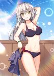  1girl ahoge arm_behind_head arm_up bikini black_bikini blue_sky bracelet breasts cleavage day eyebrows_visible_through_hair fate/grand_order fate_(series) floating_hair flower grin hair_between_eyes highres jeanne_d&#039;arc_(alter)_(fate) jeanne_d&#039;arc_(fate)_(all) jewelry long_hair looking_at_viewer medium_breasts navel outdoors red_flower red_rose rose sideboob silver_hair sky smile solo sunlight swimsuit very_long_hair yellow_eyes 