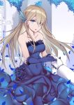  1girl blonde_hair blue_dress blue_eyes blue_flower blue_gloves blue_rose breasts bride dress flower gloves hair_ornament hand_holding lexington_(cv-16)_(zhan_jian_shao_nyu) long_hair rose solo_focus zhan_jian_shao_nyu zhixiang_zhi 