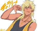  1boy blonde_hair character_name charaleet_(precure) dark_skin dark_skinned_male gyaruo hugtto!_precure jewelry kotori_asobutei male_focus necklace precure smile solo tank_top thumbs_down tongue tongue_out vest 