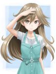 1girl alternate_costume arashio_(kantai_collection) belt blue_background breasts brown_eyes brown_hair buttons casual collarbone dress eyebrows_visible_through_hair graphite_(medium) hand_on_head highres kantai_collection long_hair looking_at_viewer shirt short_sleeves sleeveless sleeveless_dress small_breasts smile solo t2r traditional_media two-tone_background white_background white_shirt 