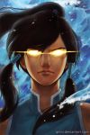  1girl avatar_(series) closed_mouth face glowing glowing_eyes hair_tubes highres korra long_hair looking_at_viewer qinni serious solo the_legend_of_korra tied_hair water 
