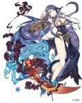  1girl asymmetrical_clothes barefoot blue_eyes bracelet breasts eyebrows_visible_through_hair fins full_body gauntlets hair_ornament highres jewelry ji_no large_breasts long_hair looking_at_viewer ningyo_hime_(sinoalice) official_art purple_hair sinoalice smoke solo sword tears very_long_hair water weapon white_background 