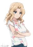  1girl 2018 blue_eyes breasts brown_hair bukkuri cleavage collarbone crossed_arms dated eyebrows_visible_through_hair floral_print girls_und_panzer kay_(girls_und_panzer) long_hair medium_breasts print_shirt shirt signature simple_background sketch smile solo upper_body white_background white_shirt 