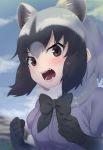  1girl animal_ears bangs black_bow black_hair black_neckwear blue_sky bow bowtie brown_eyes clouds common_raccoon_(kemono_friends) day extra_ears eyebrows_visible_through_hair fangs fur_collar gloves grey_hair hair_between_eyes kemono_friends looking_at_viewer multicolored_hair nyifu open_mouth outdoors puffy_short_sleeves puffy_sleeves purple_shirt raccoon_ears shirt short_sleeves sky solo teeth upper_body v-shaped_eyebrows white_hair 