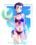  1girl ball beachball bikini black_hair blue_eyes choker highres iesupa navel rwby short_hair solo swimsuit tattoo vernal_(rwby) 